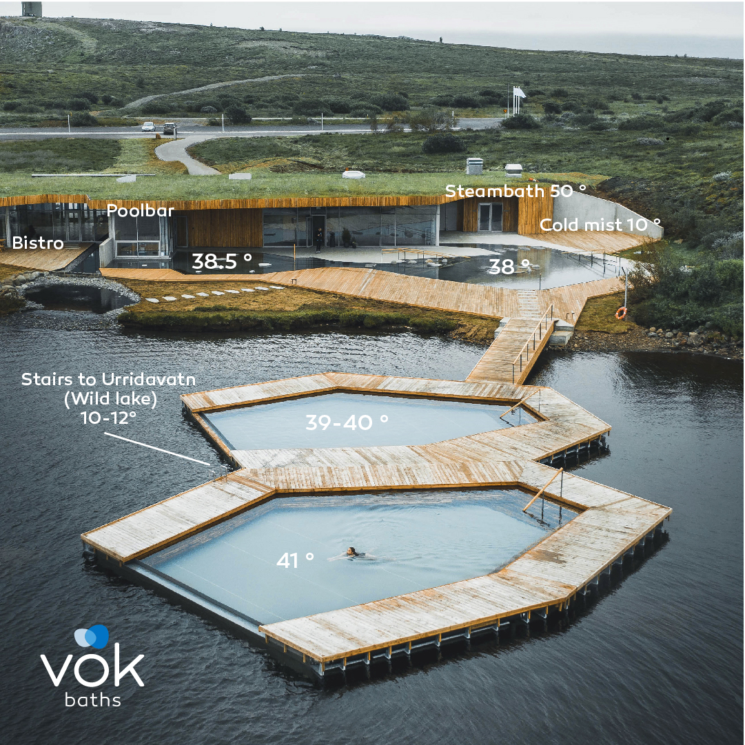 Overview of Vök Baths during winter